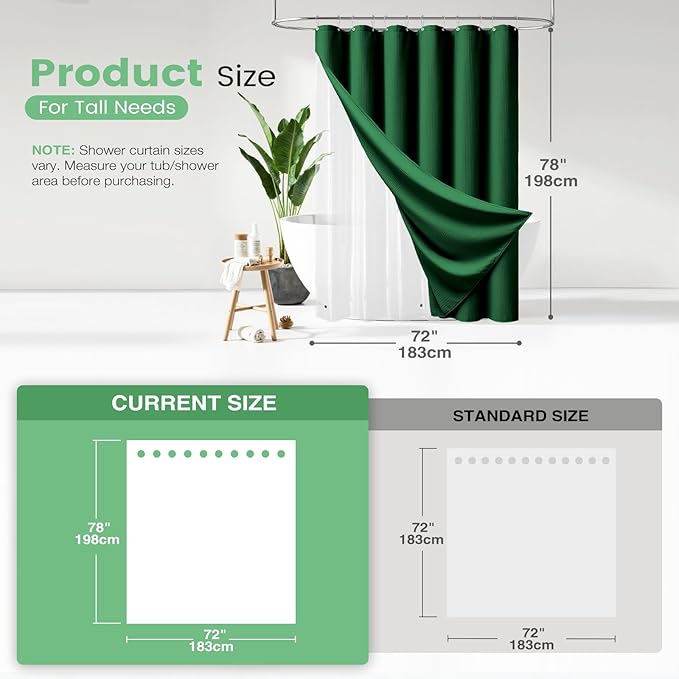 Dynamene Long Shower Curtain and Liner Set - 78 inch Tall Waffle Fabric, Waterproof Clear Liner, Heavy Duty Weighted Hotel Luxury Shower Curtains for Bathroom with 12 Hooks, 72x78, Dark Green