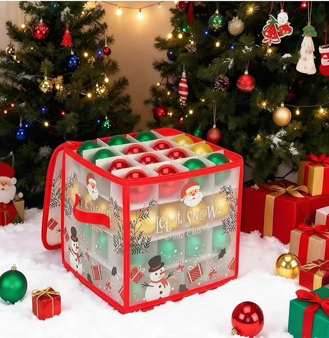 Christmas Ornament Storage Box, Christmas Tree Ornament Organizer, Hard Plastic Storage Container with Dividers, Clear Design Waterproof Case for 3" Seasons Balls (Red)