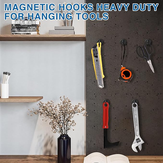 LOVIMAG Magnetic Hooks, 50LBS Black Magnet Hooks Strong Neodymium Magnets with Epoxy Coating, Metal Magnetic Hooks for Refrigerator，Locker Accessories, Cruise, Kitchen, Office, Classroom-6 Pack