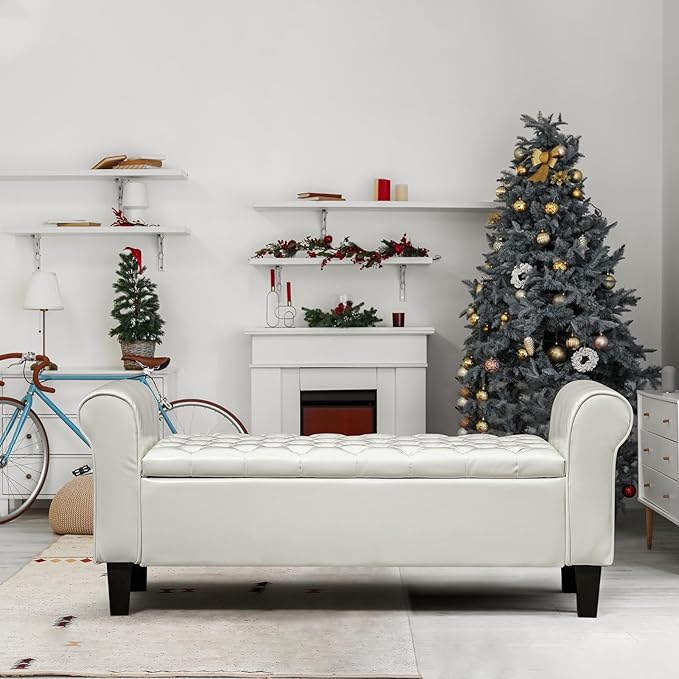 ECOTOUGE Ottoman with Storage for Living Room, Leather Upholstered Bench Footrest, Bedroom Benches at End of Bed, Rolled Arm Ottoman, Cream Color
