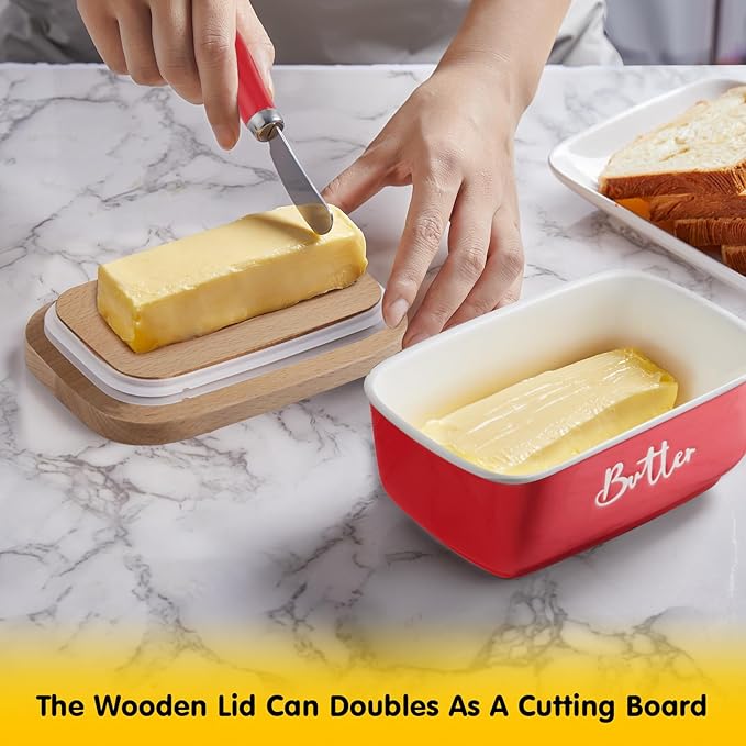 ALELION Red Butter Dish with Lid and Knife for Countertop, Ceramic Butter Container with Beech Wood Lid, Airtight Butter Keeper for Counter, for Red Kitchen Decor and Accessories
