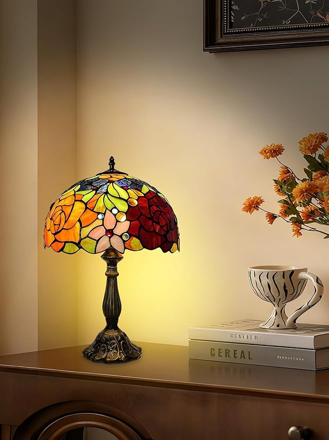 Tiffany Lamp - Rose Flower Stained Glass Table Lamp 12x12x18 Inches - Rose Flower Style Desk Reading Light - Bedroom & Living Room Decor