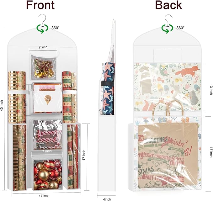 Woodoulogy Hanging Gift Wrapping Paper Storage, 40"X17" White Double-Sided Christmas Wrapper Bag Container, Oxford Craft Roll Organizer, Present Wrap Holder for Bedroom Closet, Door, Cabinet