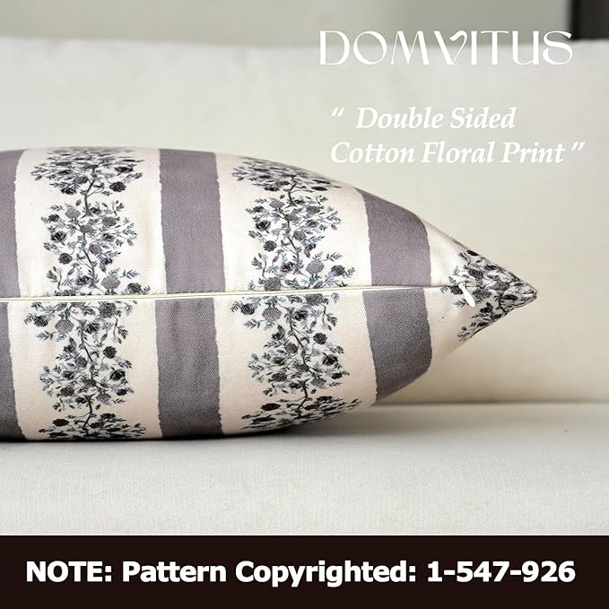 DOMVITUS Floral Throw Pillow Covers 18x18 Inch Set of 2, Block Print Decorative Pillow Covers Vintage Striped Neutral Farmhouse Boho Home Decor for Couch Sofa Bed Living Room, Grey