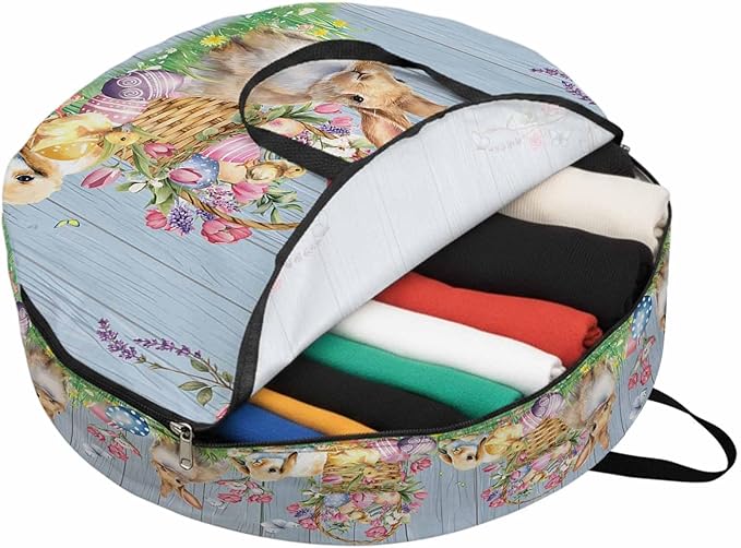 24 Inch Round Storage Bag 1 Pack,Happy Easter Bunny Egg with Basket Waterproof Wreath Storage Container with Handles&Zipper Flower on Farm Blue Wood Grain Closet Organizer Bags Garland Box