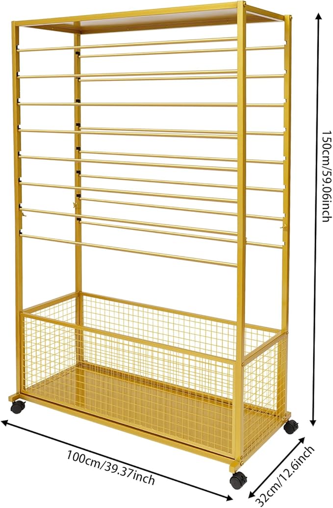 16 Tier Ribbon Holder Organizer Rack, Metal Double-Sided Ribbon Spool Storage Shelf with Wheels, Rolling Flower Wrapping Paper Storage Stand for Craft Room Flower Shop Gift Wrapping(Wider, Gold)