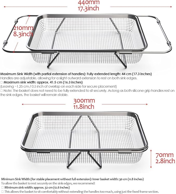 WAGENSTEIGER Extendable Dish Rack with Feet, Vegetable Colander Basket, Stainless Steel Dish or Silverware Drying Rack, Ultimate Kitchen Organizer Over the Sink (11.81 x 8.27 x 2.76 Inches)