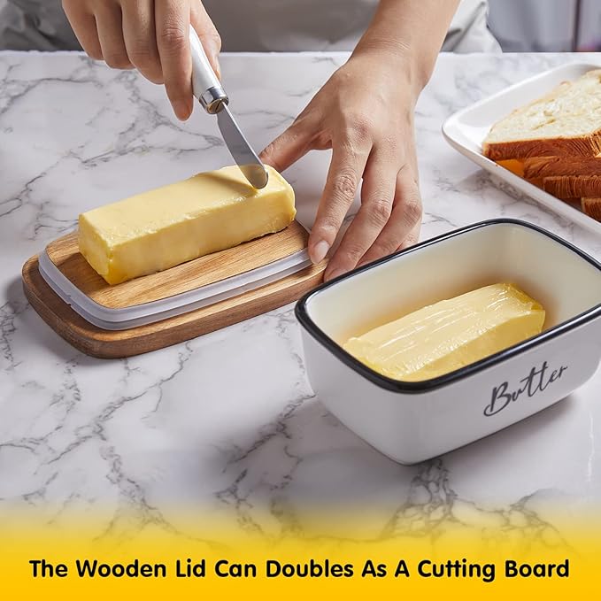Ceramic Butter Dish with Lid and Knife for Countertop, Airtight Butter Keeper for Counter or Fridge, Butter Container with Thick Acacia Wood Lid, for Farmhouse Kitchen Decor and Accessories, White