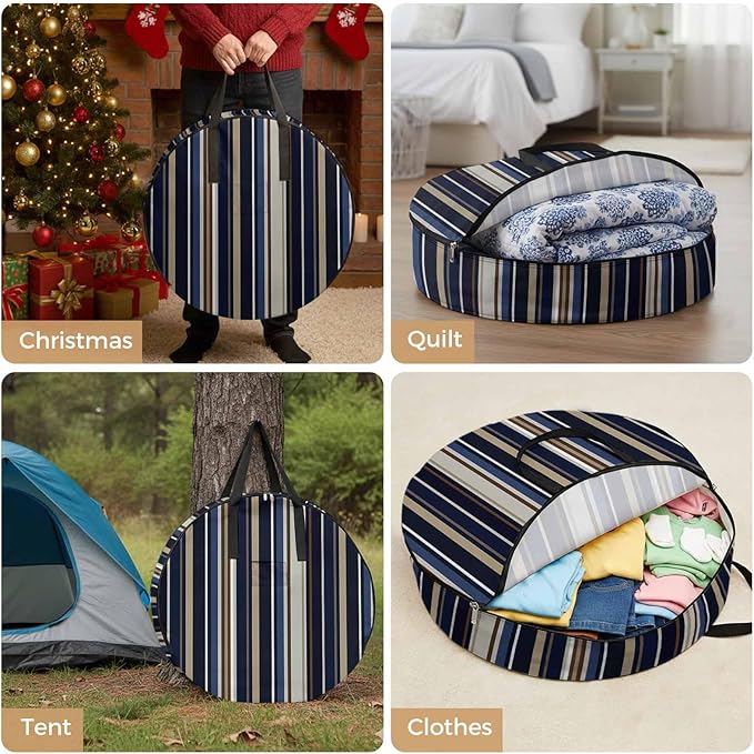 36 Inch Round Storage Bag 1 Pack,Abstract Blue-brown Stripes Waterproof Wreath Storage Container with Handles&Zipper Black White Geometric Closet Organizer Bags Garland Box