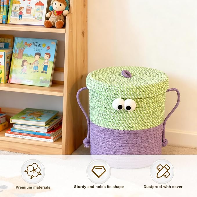 Cotton Rope Storage Basket with Lid & Handles, Cute Monster Decor Basket for Nursery, Toys, Diapers, Baby Shower & Easter Gift, 9.8" x 9.8" (Green & Purple)