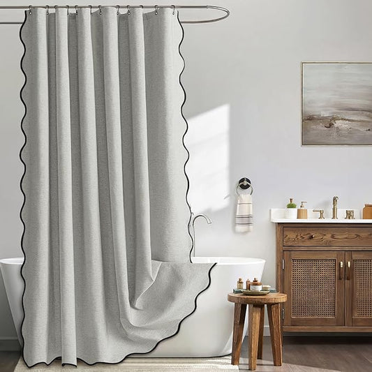 MIULEE Light Grey Scalloped Shower Curtain Linen Textured with 12 Metal Hooks Cute Heavy Duty Washable Waterproof Thick Cloth Shower Curtains with Black Border for Bathroom Hotel Bathtub,W72*L72