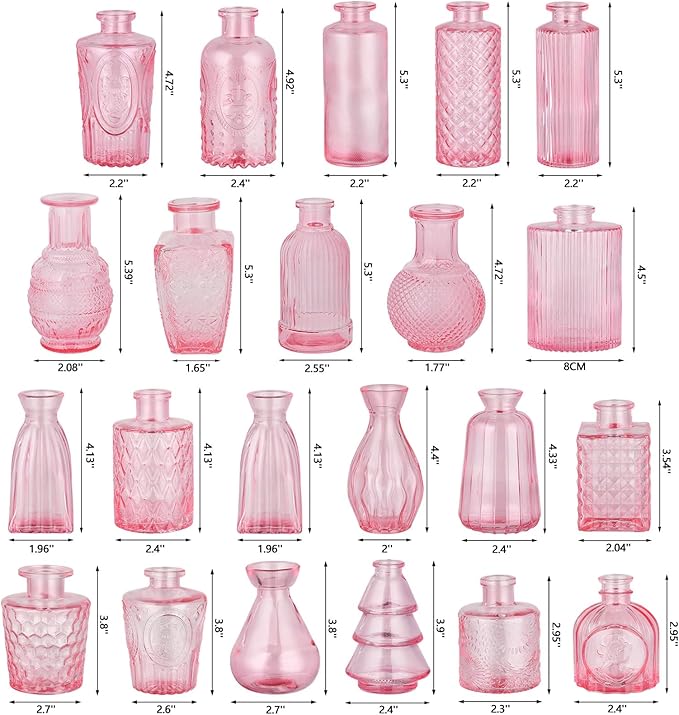 RUCKAE 22 Pack Pink Small Vases Glass Mini Bud Vase in Bulk Vintage Pink Flower Vases for Wedding,Centerpieces Home Decor and Party