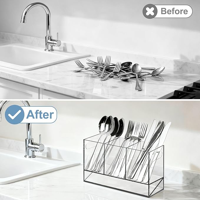 Utensil Holder, 3 Compartments Utensil Drying Rack with Automatic Drain Tray for Kitchen Counter, Transparent Acrylic Organizer for Silverware Cutlery Spoons, Forks, Knifes, Chopsticks (Clear)