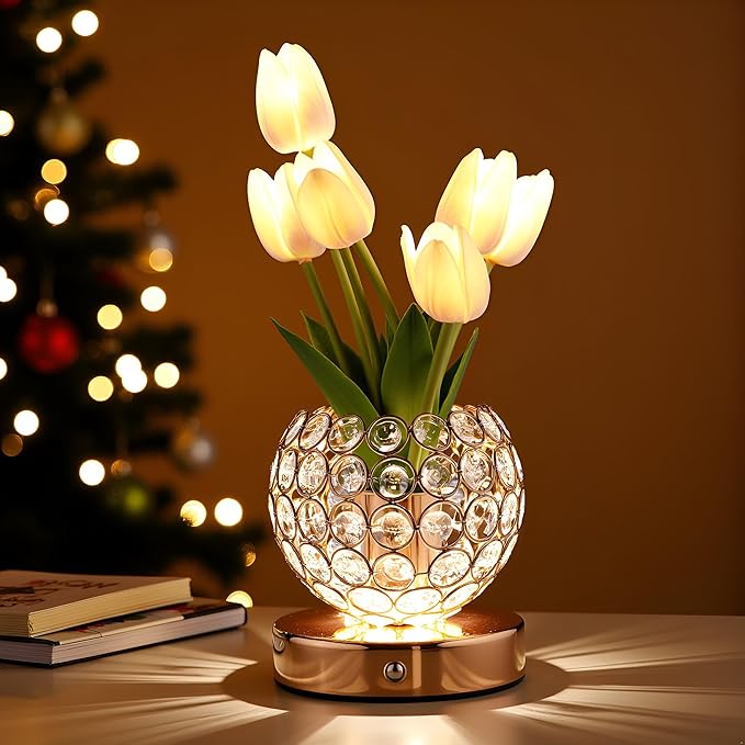 Cordless Tulip Flower Lamp, Adjutable Touch Dimming Crystal Night Light with Artificial Tulip Flower, Rechargeable LED Flower with Vase Lamp Romantic Decor for Bedside Nightstand, Gift for Mother