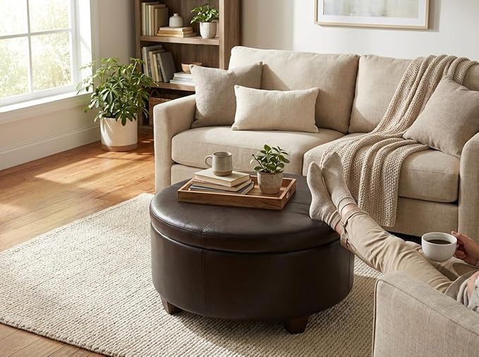 Homepop Home Decor | Upholstered Faux Leather Large Tufted Round Storage Ottoman | Button Top Ottoman with Storage for Living Room & Bedroom | Decorative Home Furniture, Vintage Brown Faux Leather