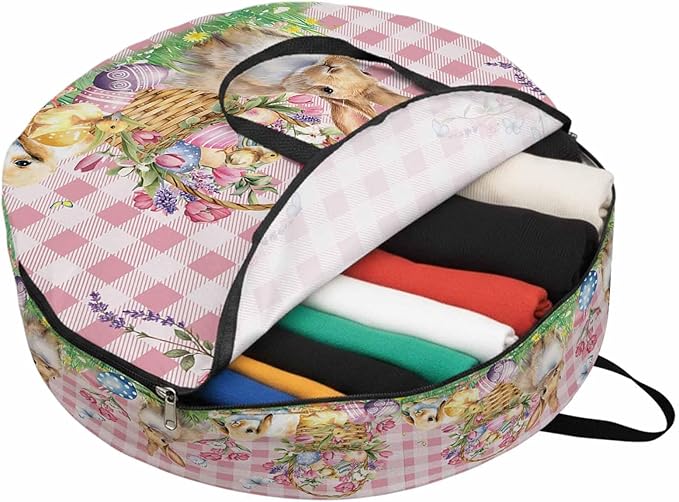 24 Inch Round Storage Bag 1 Pack,Easter Bunny Eggs Basket and Chick Waterproof Wreath Storage Container with Handles&Zipper Spring Flower with Pink Lattice Closet Organizer Bags Garland Box