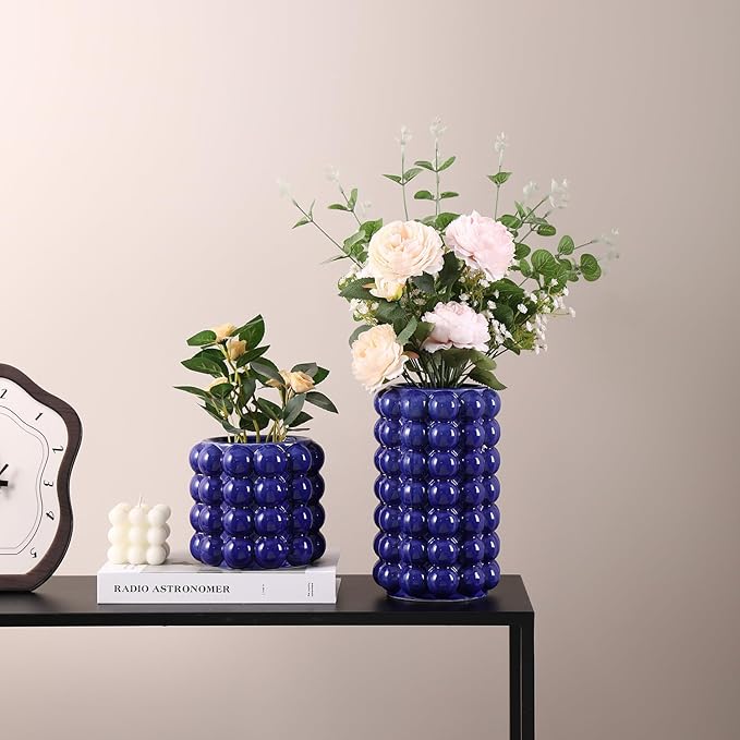 Bubble Vases, Set of 2 Blue Ceramic Vases for Flowers, Unique Short Vase for Tulips, Tall Bubble Vase for Coffe Table Decor, Decorative Vases for Living Room, Dining Table, Wedding