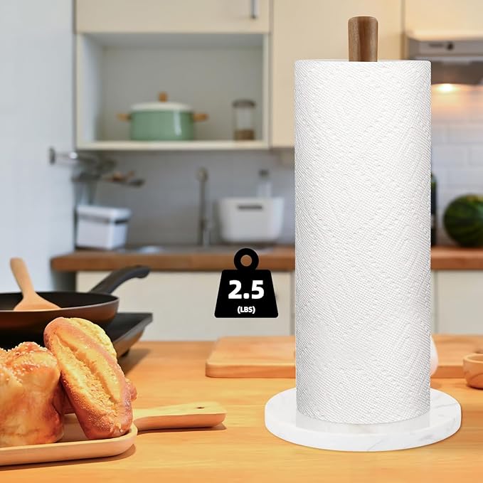 Buruis Wood Paper Towel Holder, Marble Base Modern Decorative Countertop Standing Rolls Holder for Kitchen, Toilet, Pantry and Bathroom (Marble Base White)