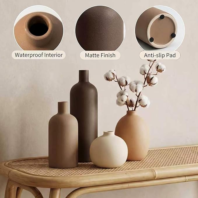 Ceramic Vase Set of 4, Modern Neutral Colors Home Decor, Rustic Farmhouse Decorative Flowers Vases for Bouquet, Pampas | Table Mantel Centerpiece Bookshelf Living Room Bedroom (Neutral Mix Set of 4)
