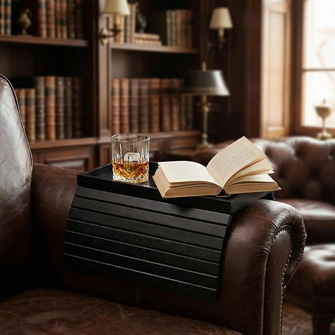 Couch Armrest Table, Bamboo Couch Cup Holder, Couch Cup Holder Tray, Sofa Arm Tray, Armchair Caddy 12.4" x 5.5" with Nonslip Felt Bottom, Sturdy Bamboo Slats for Armrests 6" and Wider (Black)