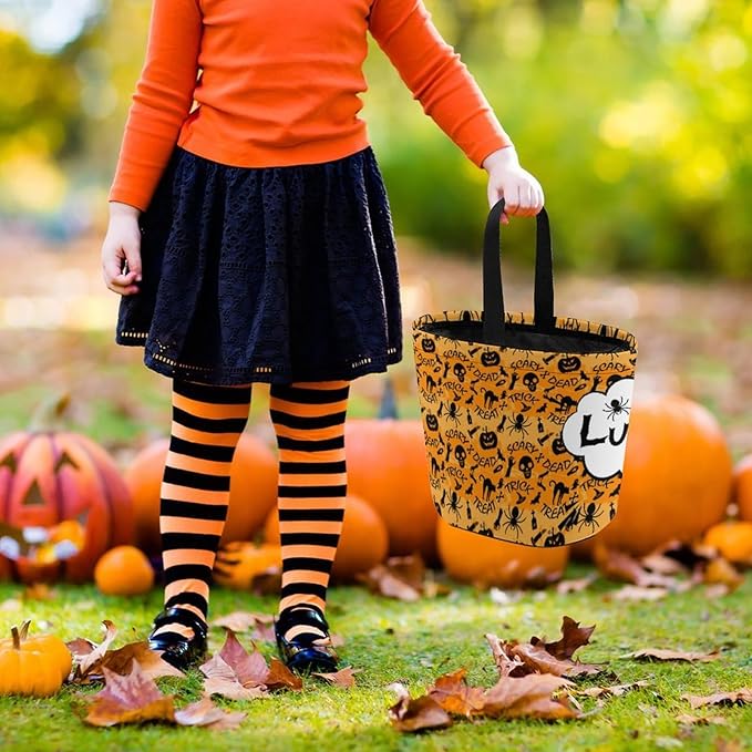 Personalized Halloween Trick or Treat Candy Bag with Name Custom Text Party Tote Bucket Halloween Candy Basket Gift (Bag-1)