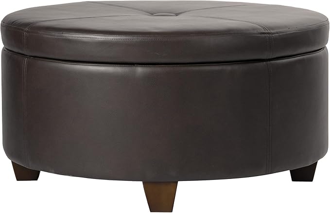 Homepop Home Decor | Upholstered Faux Leather Large Tufted Round Storage Ottoman | Button Top Ottoman with Storage for Living Room & Bedroom | Decorative Home Furniture, Vintage Brown Faux Leather