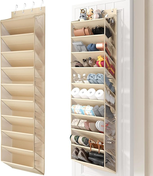 20-25 Pairs Over the Door Shoe Organizer, Clear Pockets Shoe Rack for Closet Door, 10-Tier Hanging Shoe Rack for Boots, Behind the Door Shoe Holder Fit All the Family's Sneakers, Boots, Heels, Beige