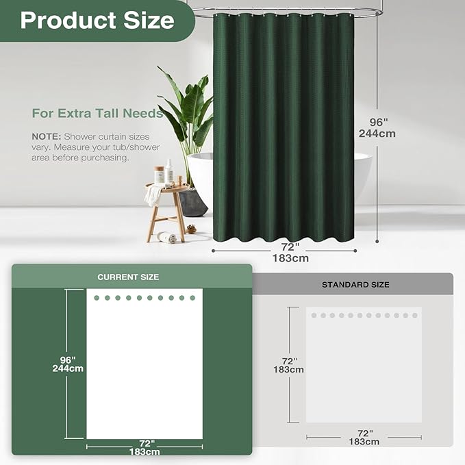 Dynamene Extra Long Shower Curtain - 96 Inch Long Waffle Weave Weighted Thick Cloth Bathroom Shower Curtain, Neutral Heavy Duty Hotel Bath Curtain Set with 12 Plastic Hooks,72x96, Dark Green