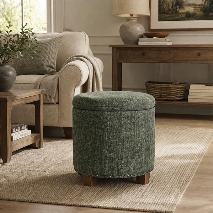 Homepop Home Decor | Upholstered Round Storage Ottoman with Nailheads| Ottoman with Storage for Living Room & Bedroom, Green Clover Fabric