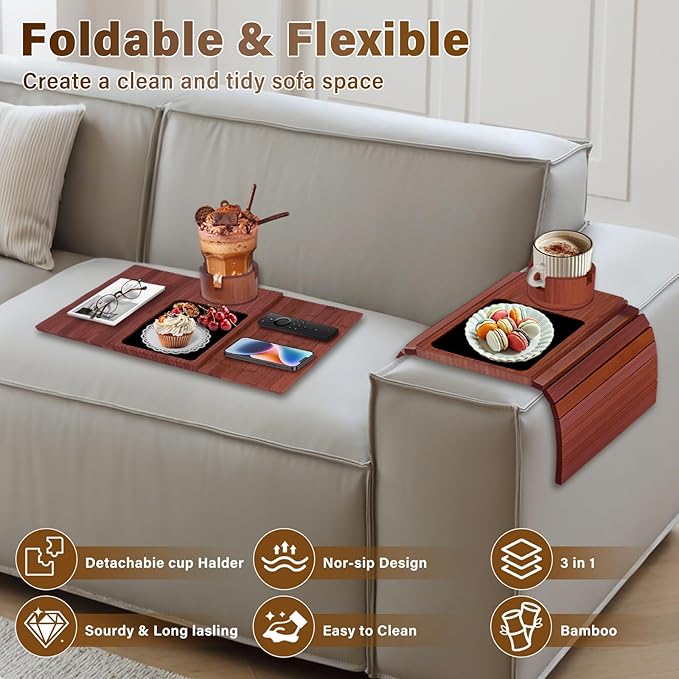 Couch Cup Holder Tray, 3-in-1 Bamboo Couch Armrest Table with 360° Rotating Magnetic and Detachable Phone Holder Stand, Foldable Anti-Slip Sofa Arm Tray for Remote, Phone, Snacks and Drinks