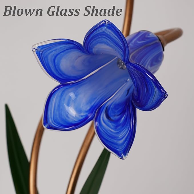 Skyblaze Classic Style Table Lamp with Flower Glass Shade, Elegant Flower Night Light, Art Deco Accent Table Lamp for Bedroom Living Room (Blue, 2 Lights)