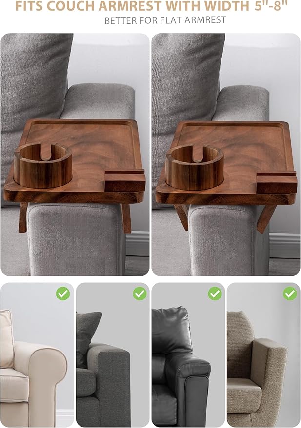 Sofa Arm Tray, Acacia Wood Couch Cup Holder, Portable Large Sofa Armrest Tray Anti-Spill Beverage Snack Remote Holder