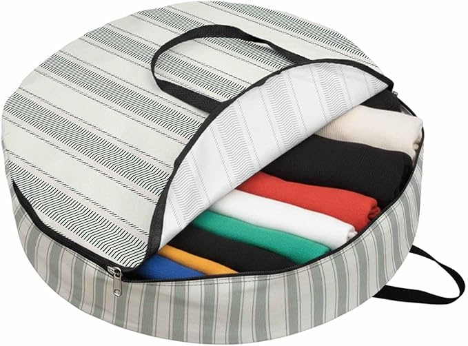 Storage Bag Sage Green Stripes Round Storage Totes Bins Closet Organizers with Zippers & Handle Vertical Striped Line Clothes Storage Container for Bedroom Dorm Space Saving Packing Supplies Bags