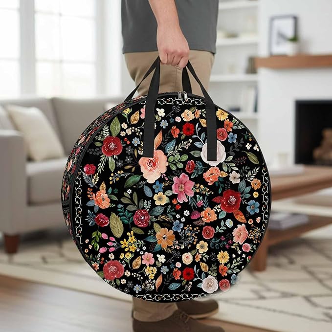 Storage Bag Black Floral Round Storage Totes Bins Closet Organizers with Zippers & Handle Farmhouse Vintage Flower Clothes Storage Container for Bedroom Dorm Space Saving Packing Supplies Moving Bags