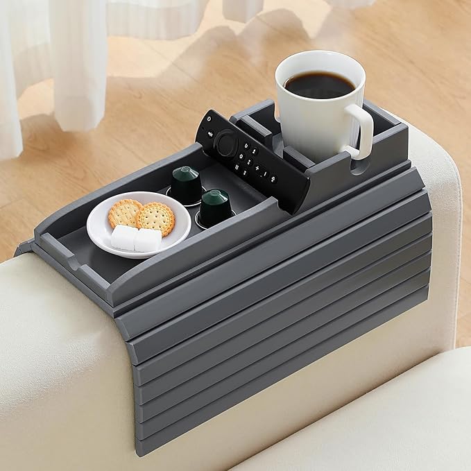 Bamboo Couch Cup Holder Arm Tray，Foldable Couch Drink Holder Armrest Table，Sofa Arm Rest Tray，Flexible Arm Chair Table Recliners for Drink,Cups, Snacks, Phone, Remote (Grey)