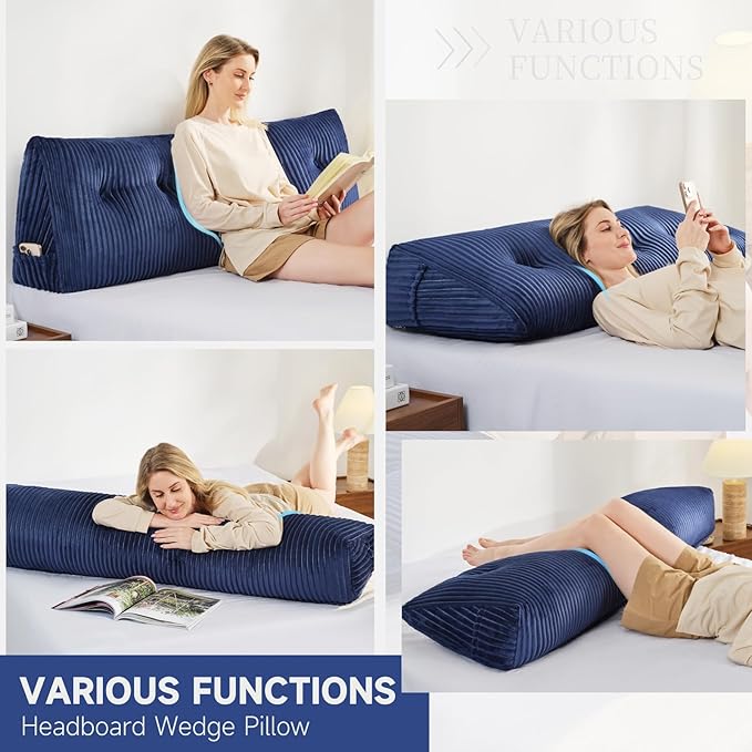 Z-hom Large Headboard Pillow Full, NO ROLL Pillow, Wedge Pillow Headboard for Sitting Up in Bed, Backrest Support Triangular Cushion for Reading, Gap Pillow w/Removable Washable Cover,Blue