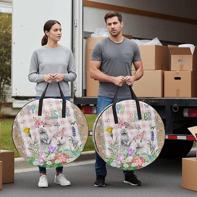 30 Inch Round Storage Bag 1 Pack,Spring Farm Easter Bunny and Flowers Waterproof Wreath Storage Container with Handles&Zipper Pink Buffalo Plaid Wood Grain Closet Organizer Bags Garland Box