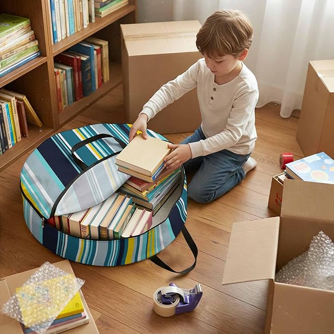 Storage Bag Blue Stripes Round Storage Totes Bins Closet Organizers with Zippers & Handle Boho Style Lines Striped Clothes Storage Container for Bedroom Dorm Space Saving Packing Supplies Moving Bags