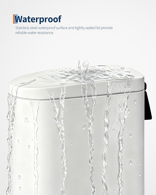 Garvee 2.6 Gallon / 10L Metal Bathroom Trash Can with Lid, Slim Step-On Bin with Soft-Close, Removable Inner Bucket & Rear Handle, Waterproof, White