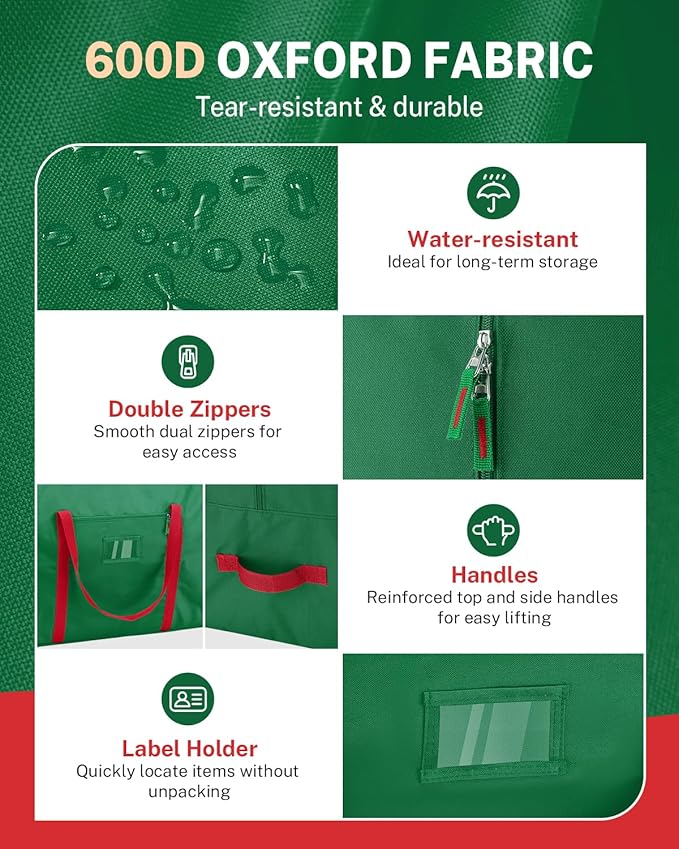 Christmas Tree Storage Bag, MaidMAX Christmas Tree Bag Fits Up to 7.5 ft Tall, Heavy-Duty 600D Oxford Fabric Christmas Tree Storage Box with Handles, Wide Opening Tree Storage Container (Green)