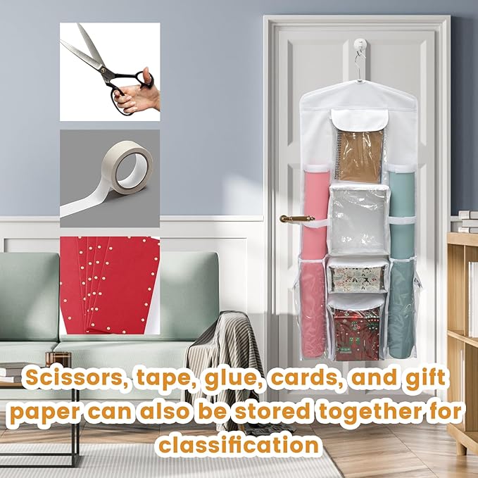 Wrapping Paper Storage - Double-Sided Hanging Wrap Organizer, Compartmental Wrap Organizer Holder, Wrapping Paper Storage Containers, Behind The Door Storage for Kitchen Bedroom Closet (White)