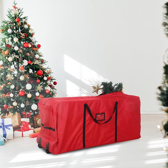 2 Pcs Christmas Tree Storage Heavy Duty Containers 7.5 ft Zippered Rolling Tree Storage Bag Christmas Box Bag with Wheels and Handles for Disassembled(Red)