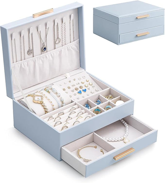 Lolalet 2-Layer Jewelry Box Organizer for Women Girls, Jewelry Storage Case Holder with Drawers for Necklaces Ring Earrings Bracelet Watch, Gifts Choice for Mom Mother’s Day -Blue
