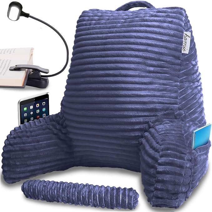 Homie Reading Pillow with Reading Light and Wrist Support, Has Arm Rests, and Back Support for Bed Rest, Lounging, Reading, Working on Laptop, Watching TV (Blue)