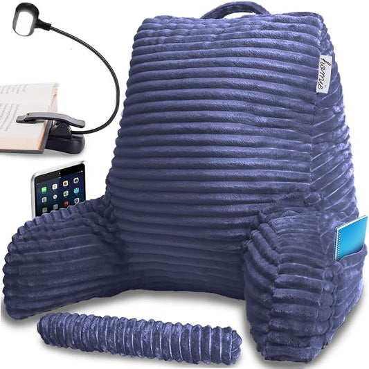 Homie Reading Pillow with Reading Light and Wrist Support, Has Arm Rests, and Back Support for Bed Rest, Lounging, Reading, Working on Laptop, Watching TV (Blue)