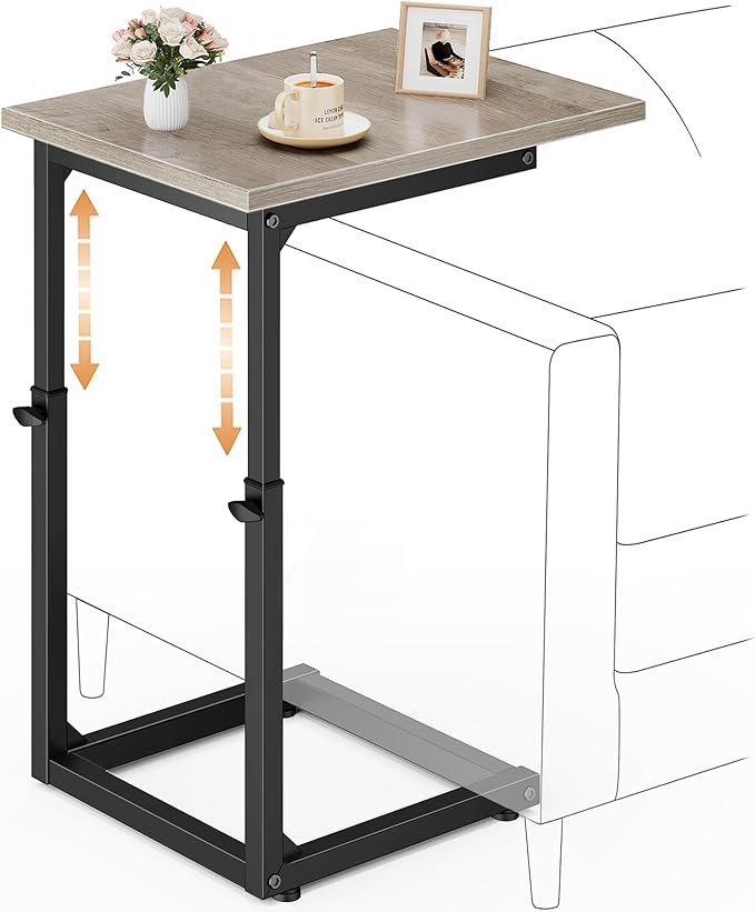 Vagusicc C Shaped End Table, Small Side Table for Couch, 33 "Tall C Table End Table Adjustable Height Couch Side Table, Tv Tray Table Sofa Table, Slide Under Couch Table for Living Room, Bedroom, Gray