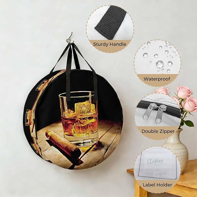 Storage Bag Whisky Glass Round Storage Totes Bins Closet Organizers with Zippers & Handle Wine Cigarettes Wood Clothes Storage Container for Bedroom Dorm Space Saving Packing Supplies Moving Bags