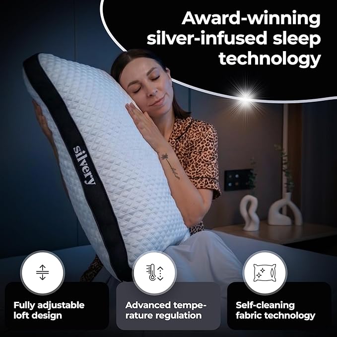 Silvery Silver Infused Restcool Bed Pillow - Adjustable Memory Foam Fill with Self-Cooling Fabric - Self-Cleaning Technology that Stays Fresh 3X Longer (White, Queen)