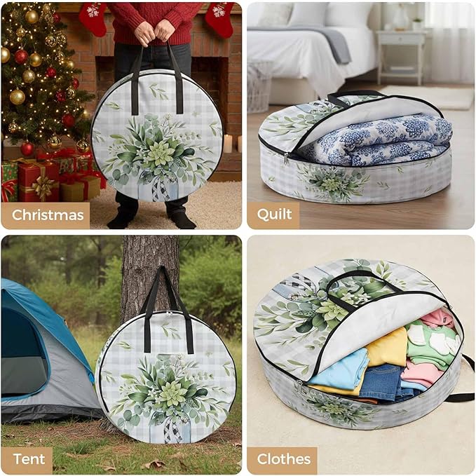 Storage Bag Eucalyptus Leaves Vase Round Storage Totes Bins Closet Organizers with Zippers & Handle Green Leaf Floral Grey Plaid Clothes Storage Container for Bedroom Space Saving Packing Supplies