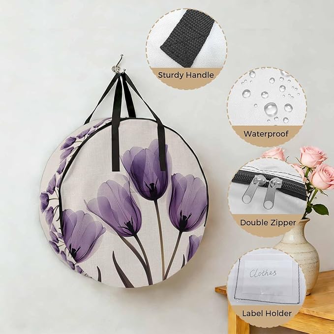 Spring Purple Round Storage Bag 24 Inch, Flowers X-ray Image of Tulips Floral Retro Clothes Storage Container with Handles Heavy Duty Organizer for Comforter, Bedding & Holiday Wreaths
